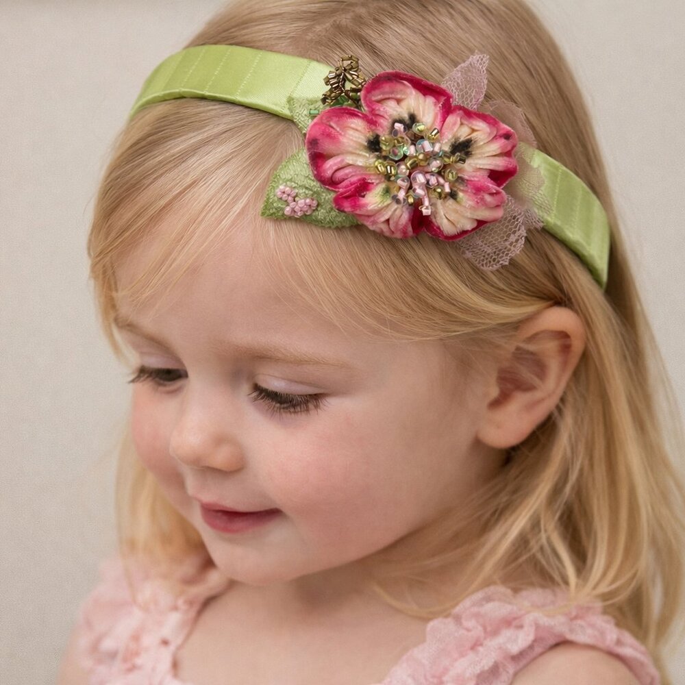 Gorgeous Hand made Designer Girls Headband Silk Velvet Beads Pink Green Holiday